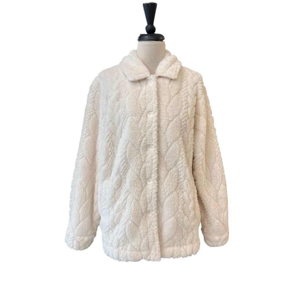 P.J. Salvage Womens Faux Fur Cozy Fleece Teddy Button Sherpa Jacket White Medium